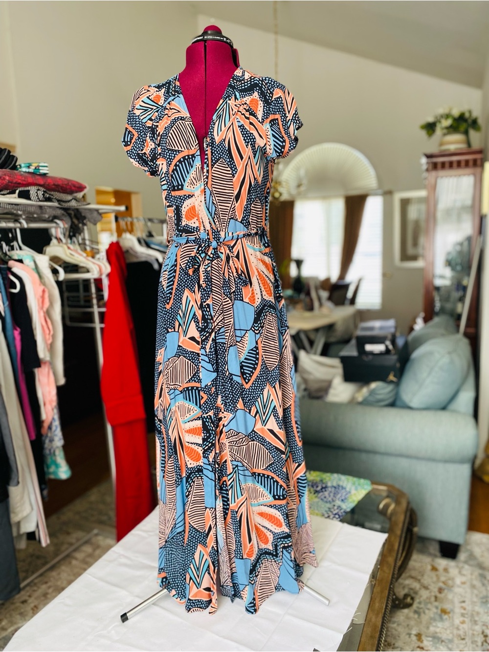 Forever 21 Abstract V-Neck Maxi Dress in Blue and Peach
